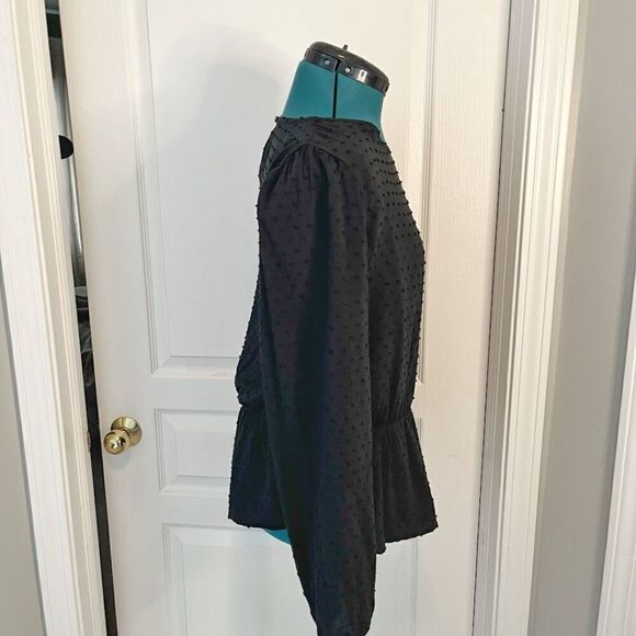 GAP Crew Neck Polka Dot Textured Long Sleeve Lined Peplum True Black Blouse - Picture 3 of 13